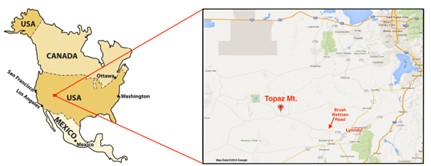 Map showing approximate location of Topaz Mountain within the State of Utah, U.S.A.